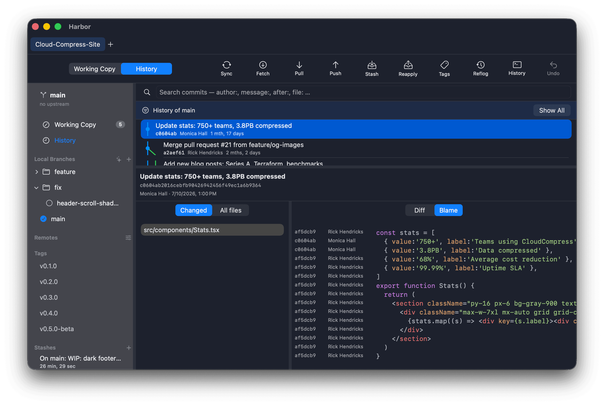Commit graph, blame, and file history